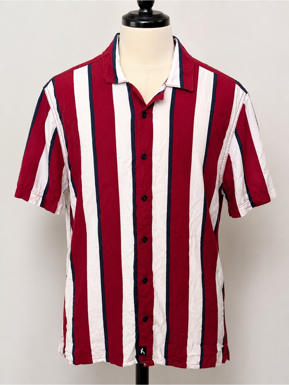 Hollister Red, White & Navy Vertical Stripe Short-Sleeve Button Shirt